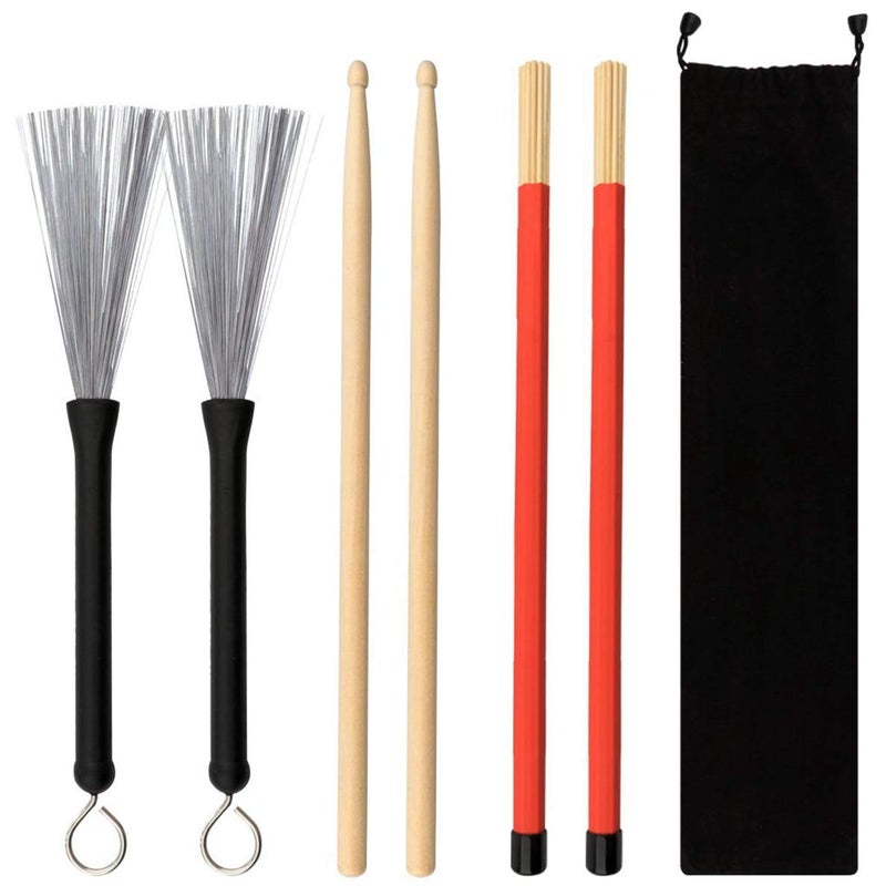 GOGHOST Drum Sticks Set - 5A Maple Wood Drum Sticks 1 Pair Drum Wire Brushes Retractable Drum Stick Brush and 1 Pair Rods Drum Sticks for Jazz Acoustic Folk Music Lover Gift with Portable Storage Bag - Image 1